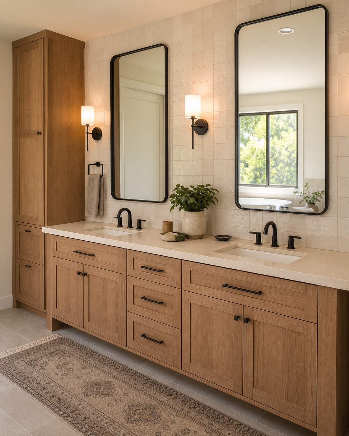 Complete bathroom vanity concept with oak cabinetry, mirrors, lighting, and tile