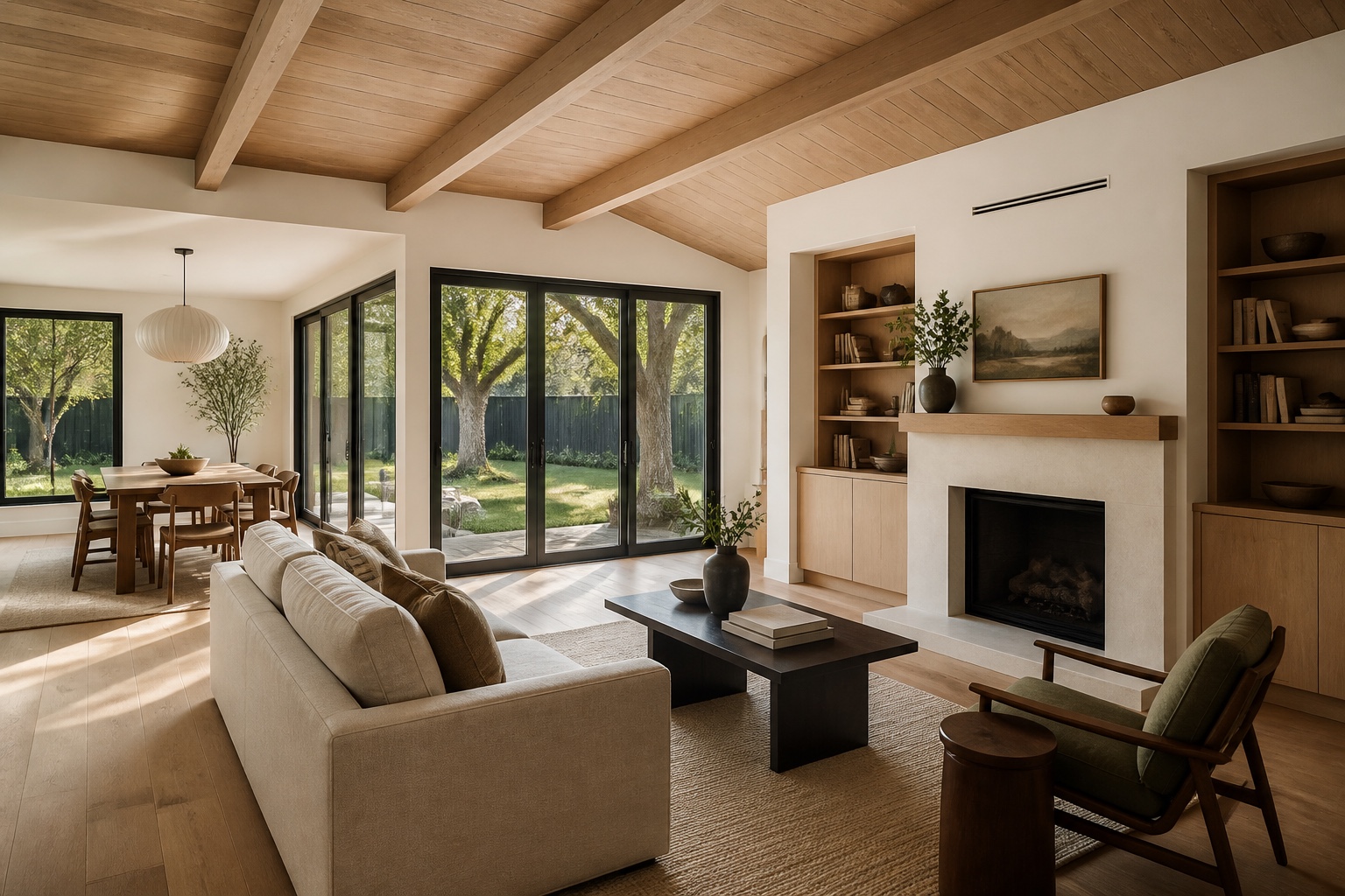 Full open living and dining room concept with warm wood ceiling and oak-tree views