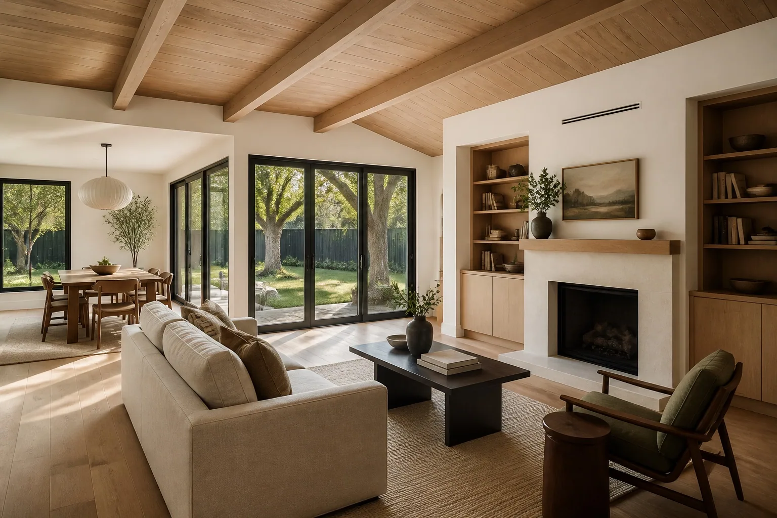 Full open living and dining room concept with warm wood ceiling and oak-tree views
