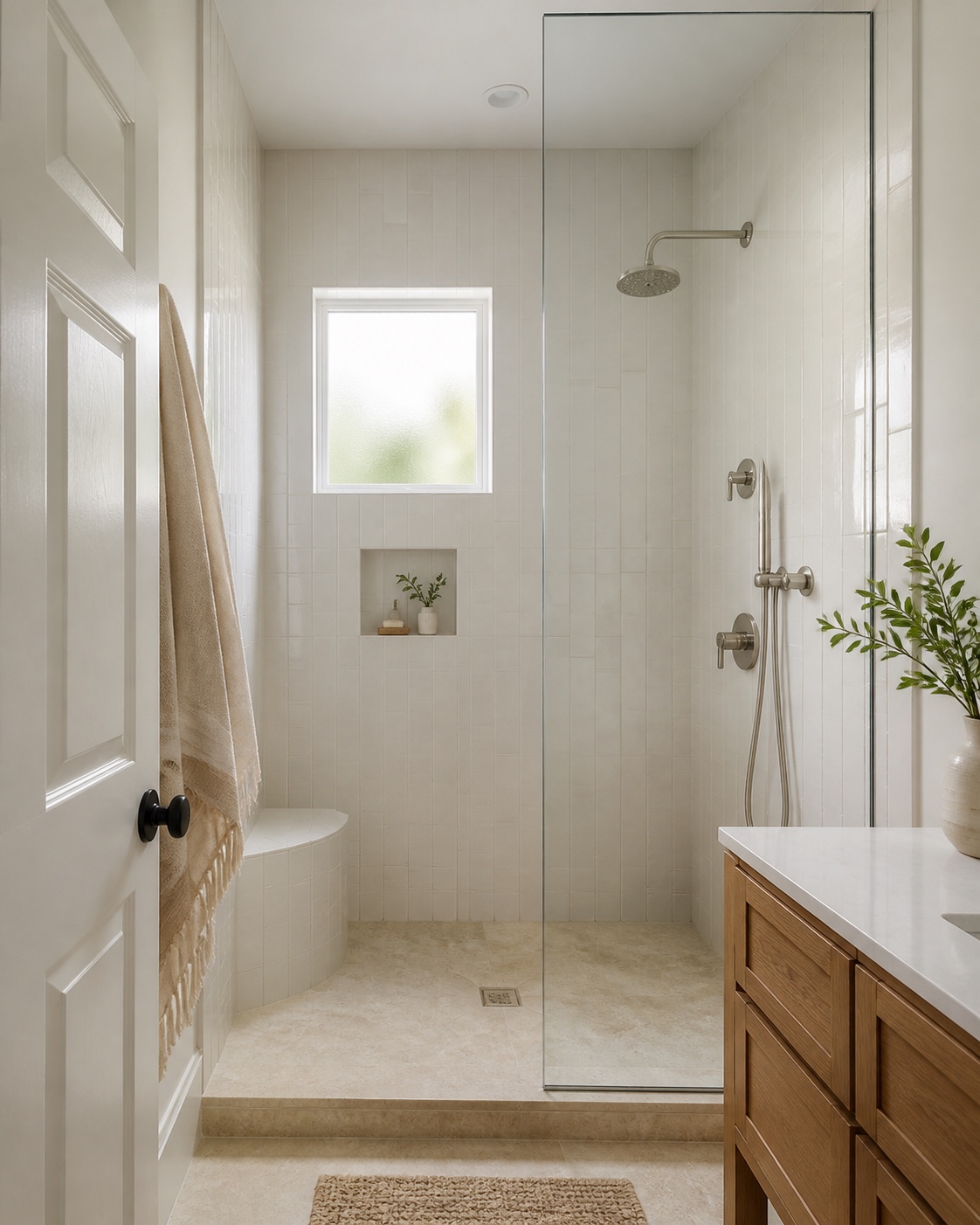 Full bathroom concept showing a walk-in shower, vanity, window, and accessible floor area