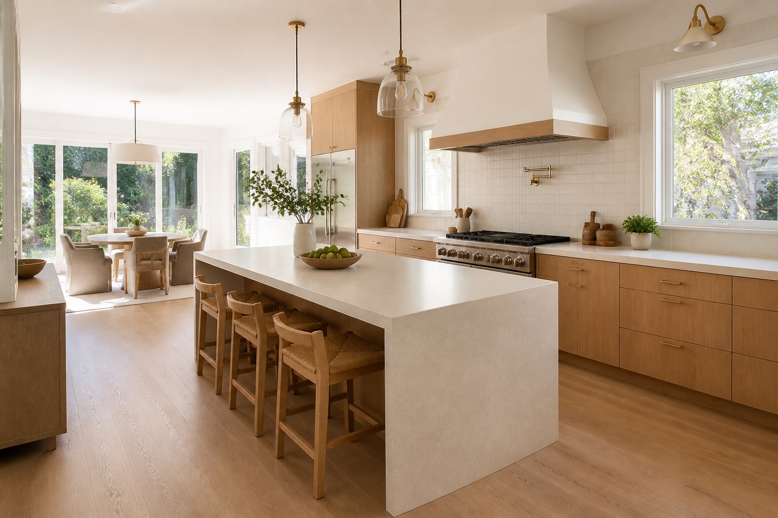 Original planning concept of a warm oak kitchen with a large island and connected dining space