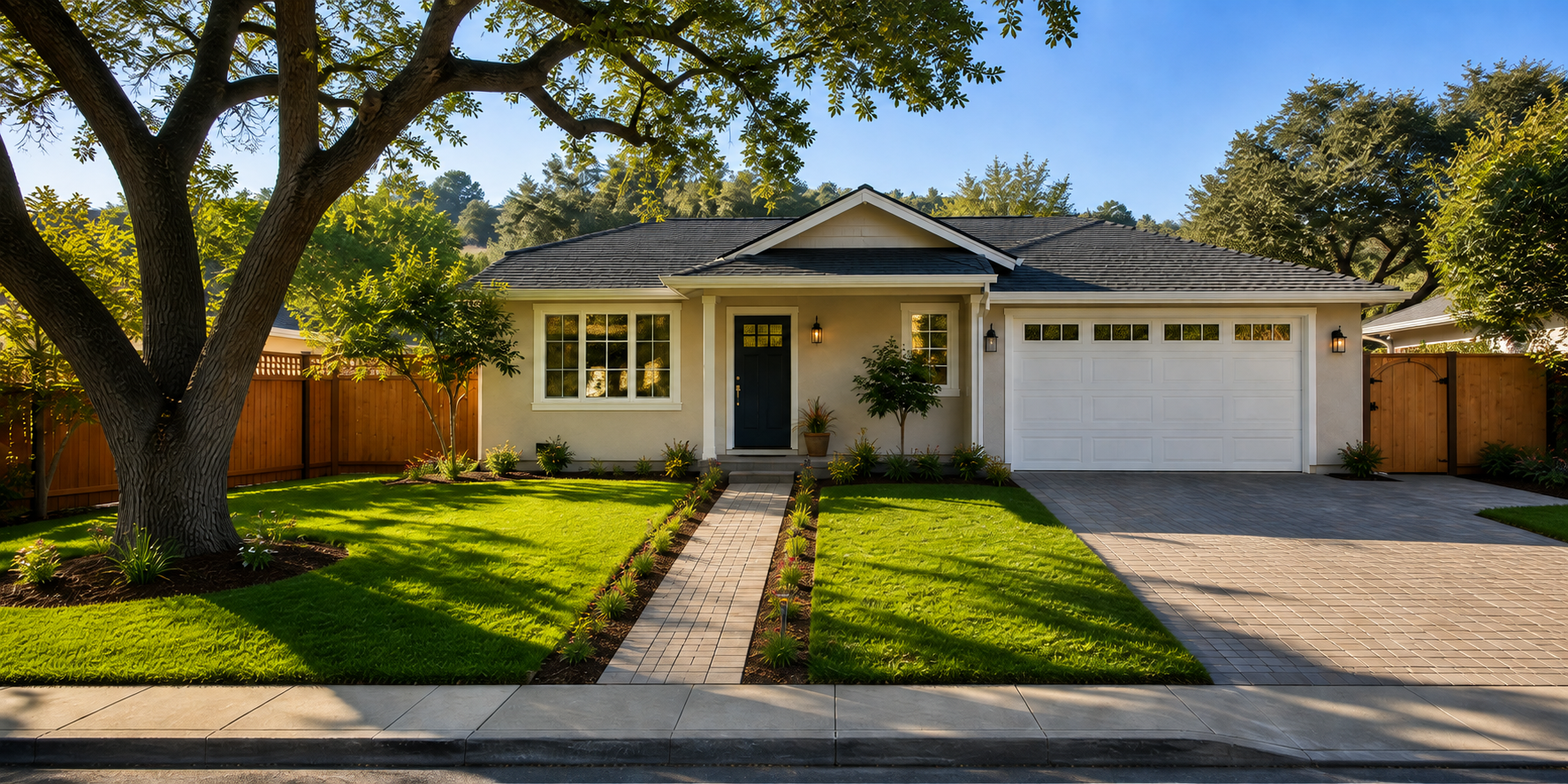 Wide listing-ready Conejo Valley home concept with repaired exterior details, straight pavers, a healthy lawn, and mature oak trees