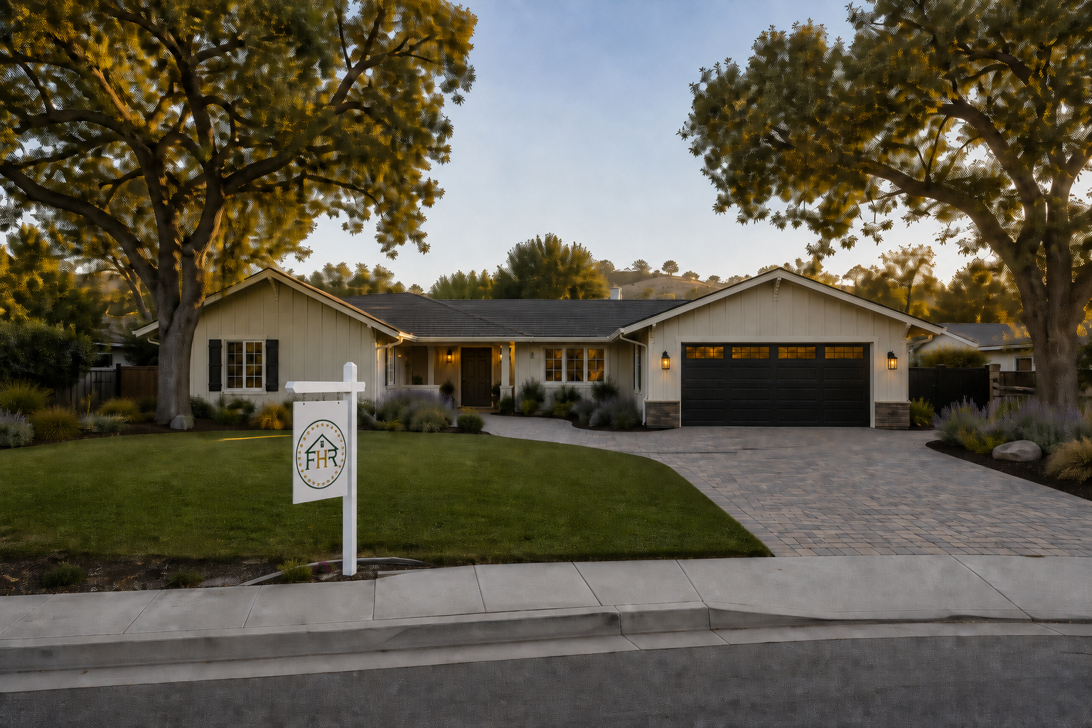 Single-story Conejo Valley home concept with the circular Faithful Home Repair logo on the property sign, paver driveway, lawn, oak trees, and refreshed exterior