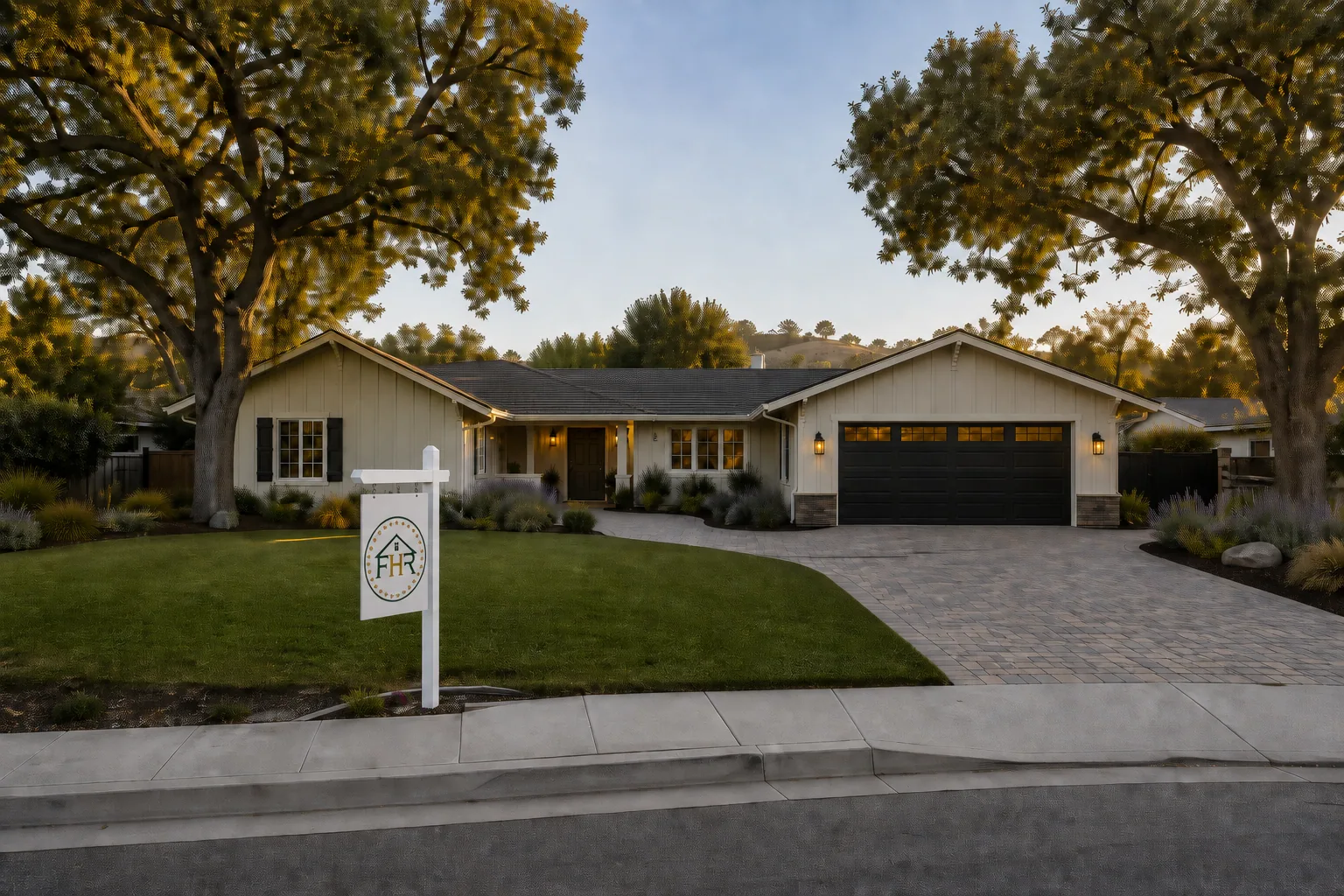 Single-story Conejo Valley home concept with the circular Faithful Home Repair logo on the property sign, paver driveway, lawn, oak trees, and refreshed exterior