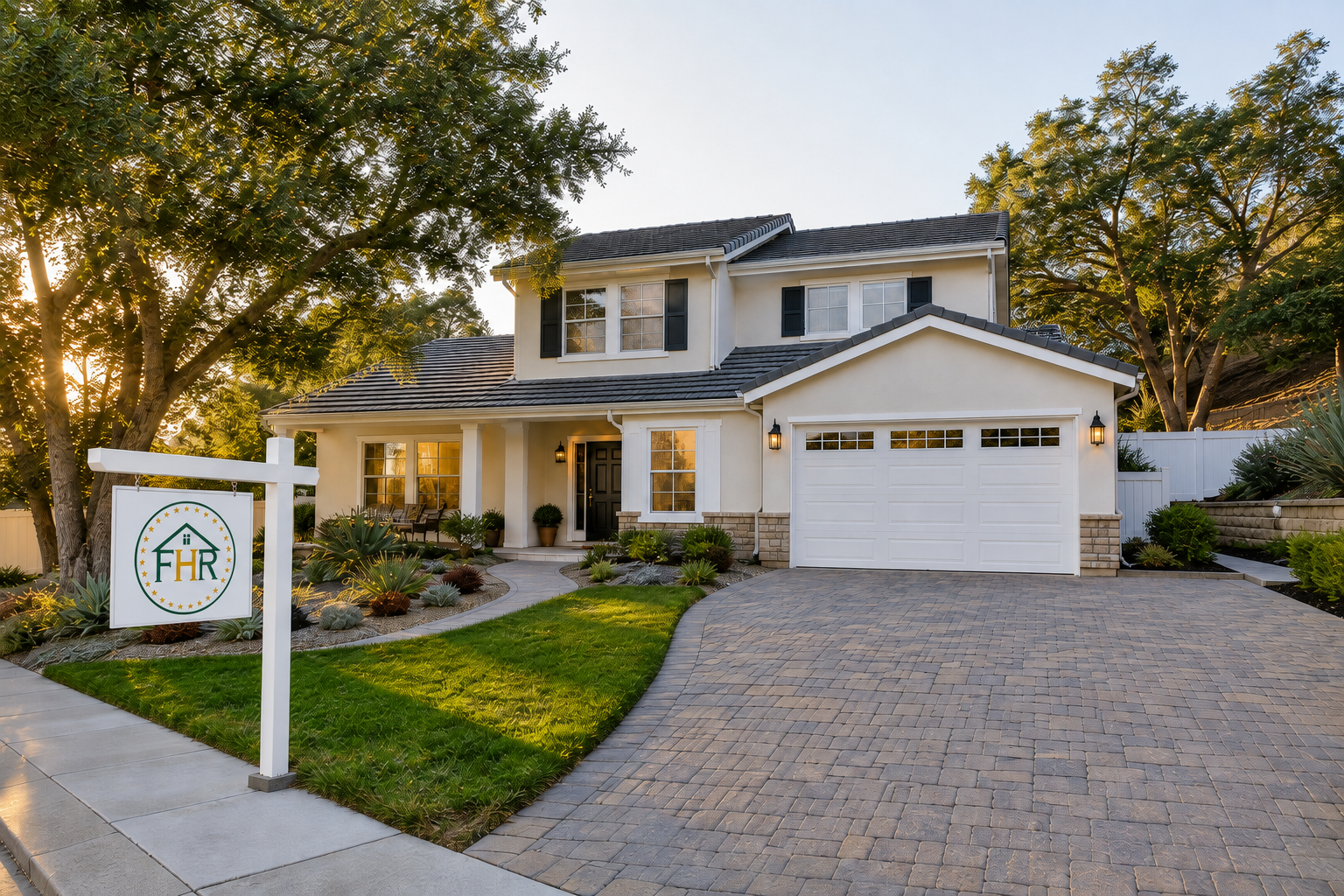 Two-story Conejo Valley home concept with the circular Faithful Home Repair logo on the property sign, paver driveway, mature oaks, fresh trim, lighting, and landscaping