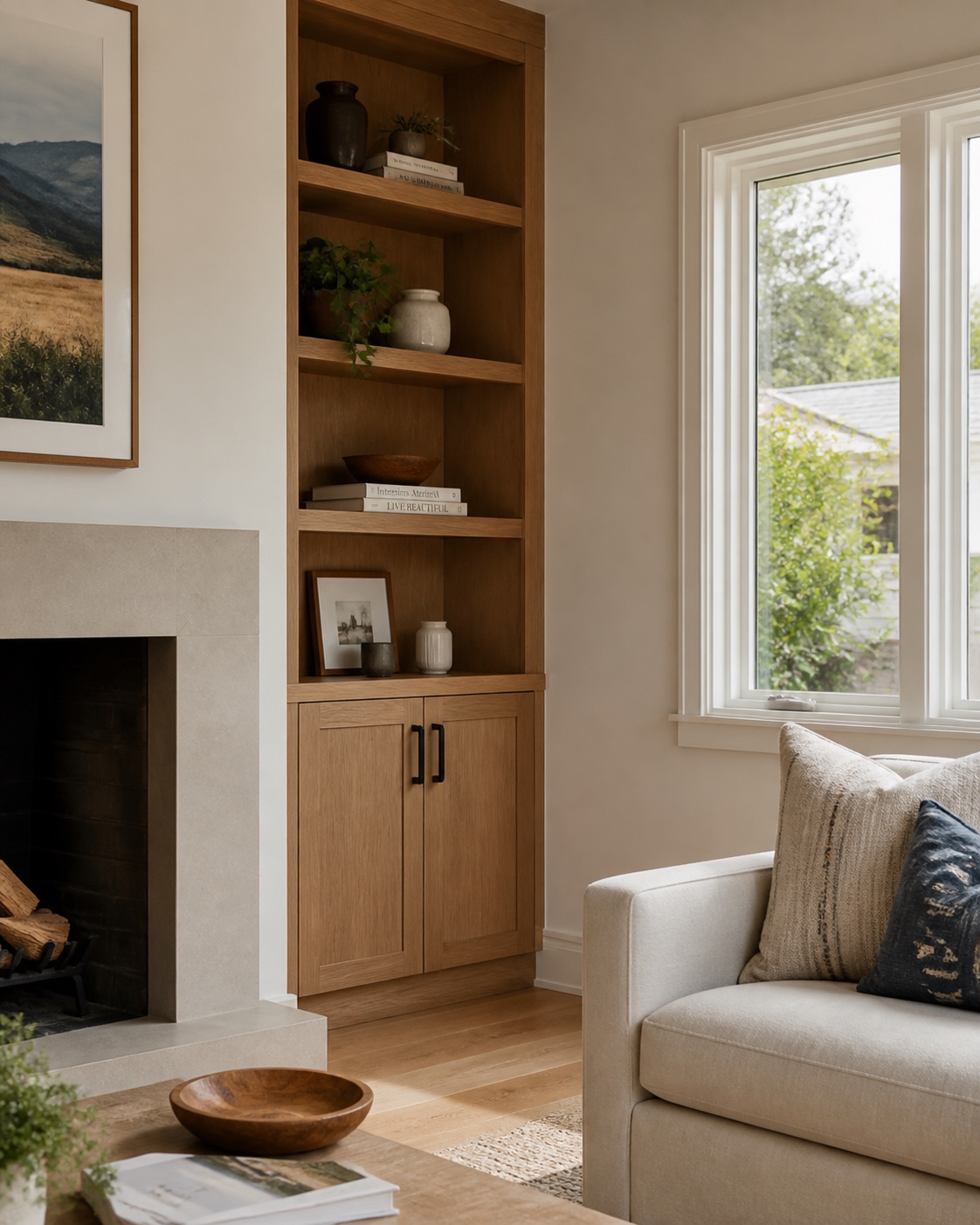 Finish carpenter installing detailed interior trim in a complete room view