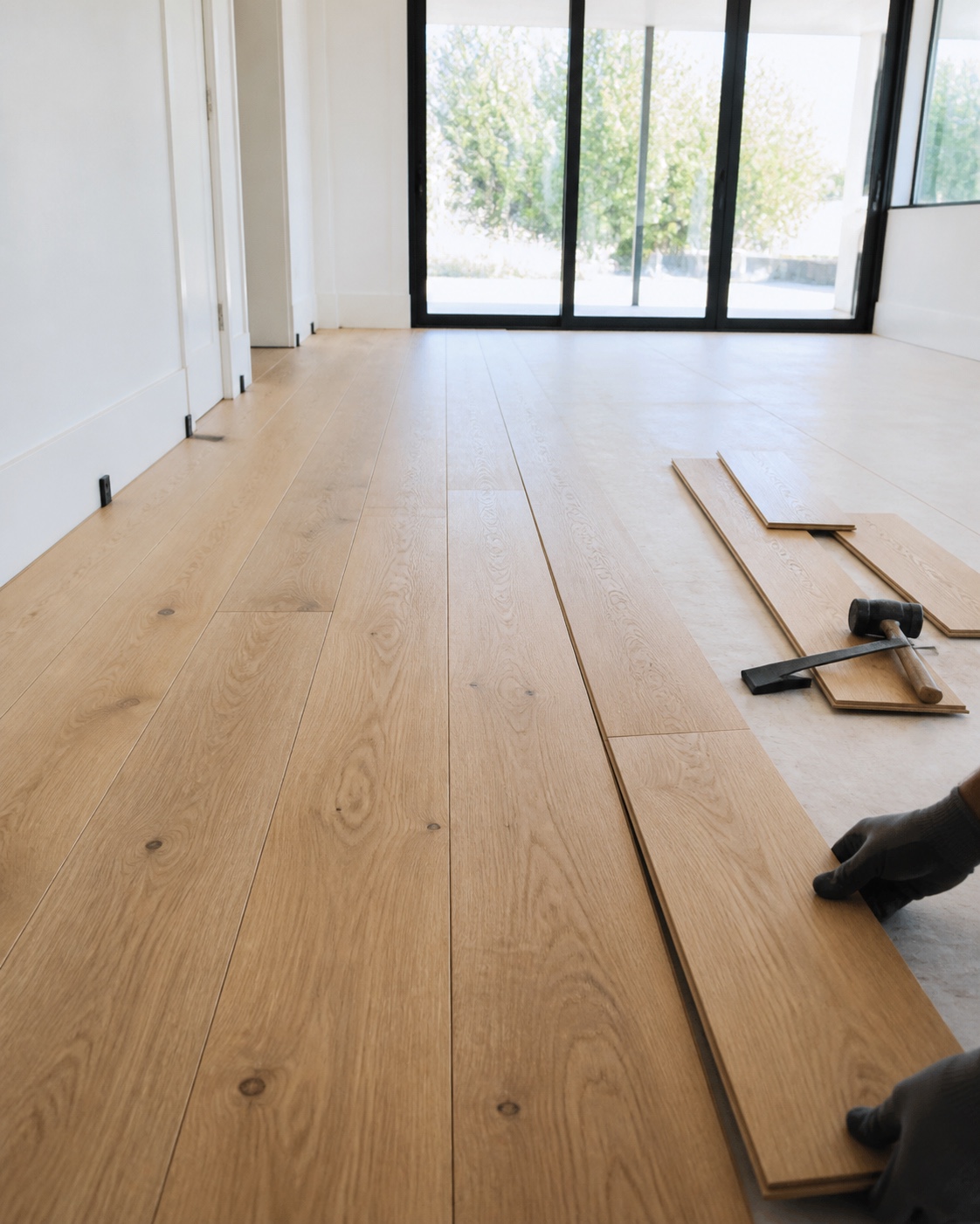 Professional flooring installation shown from a close working angle