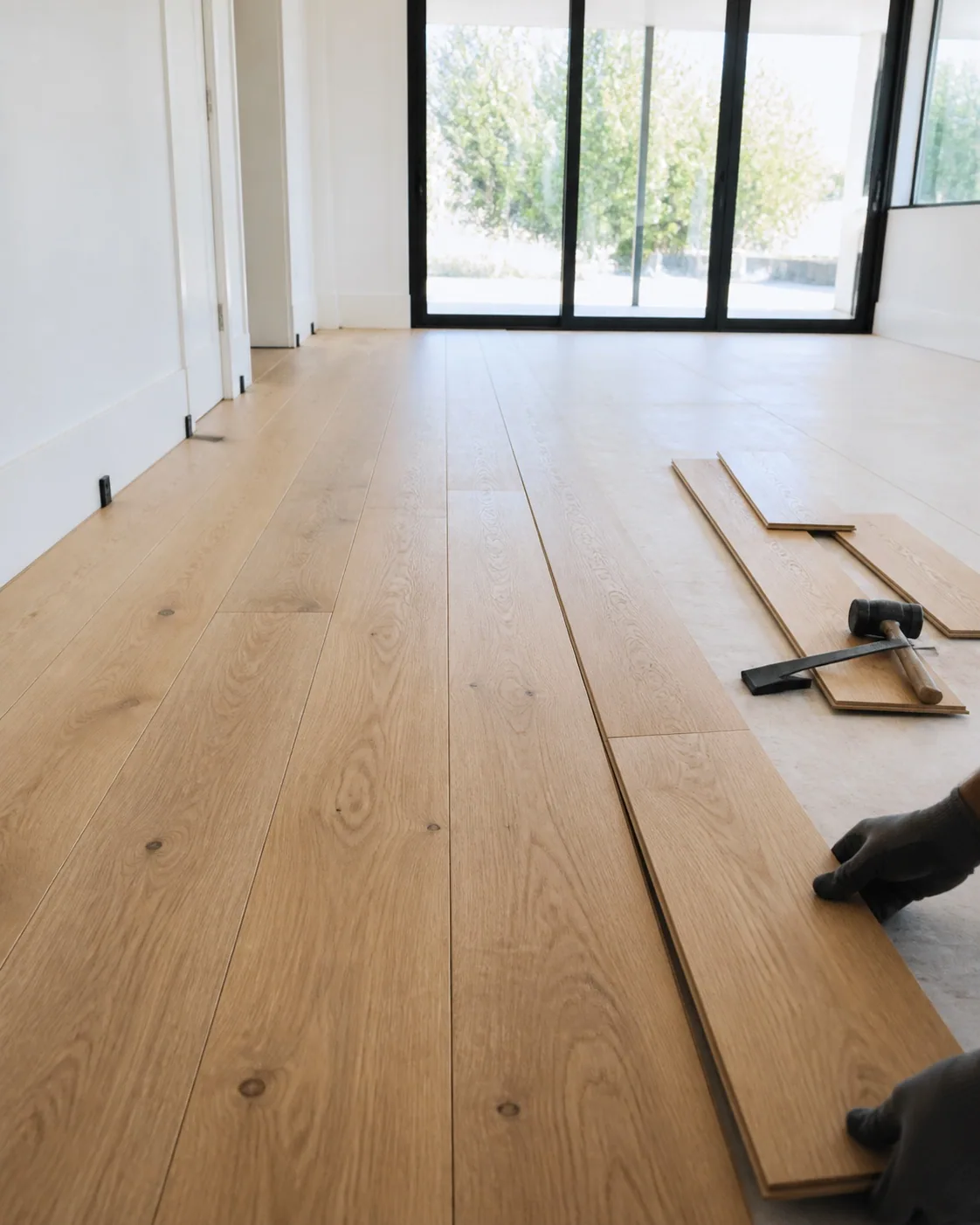 Professional flooring installation shown from a close working angle