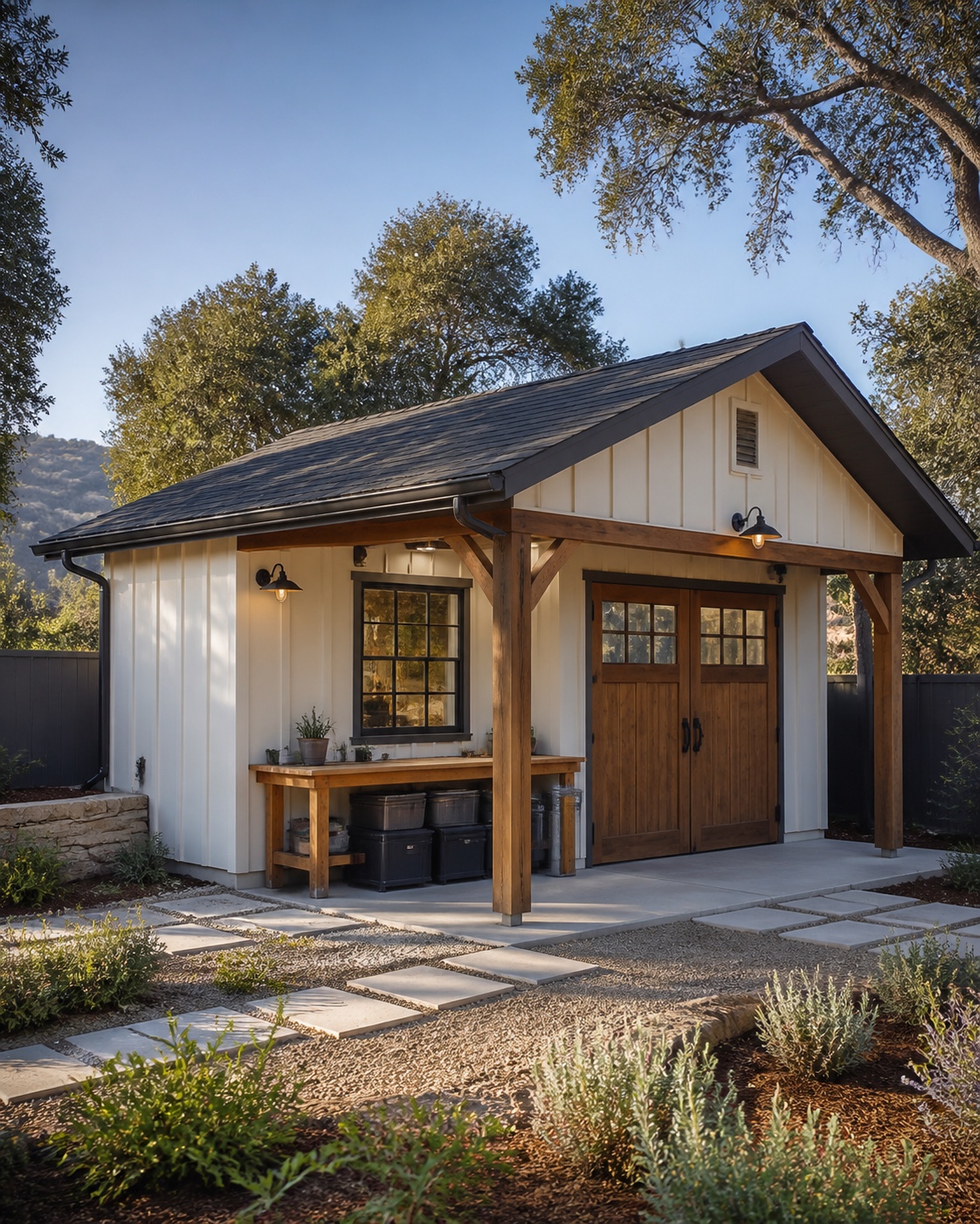 Complete backyard utility building concept in a landscaped residential setting