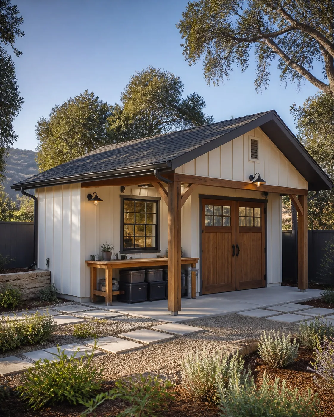 Complete backyard utility building concept in a landscaped residential setting