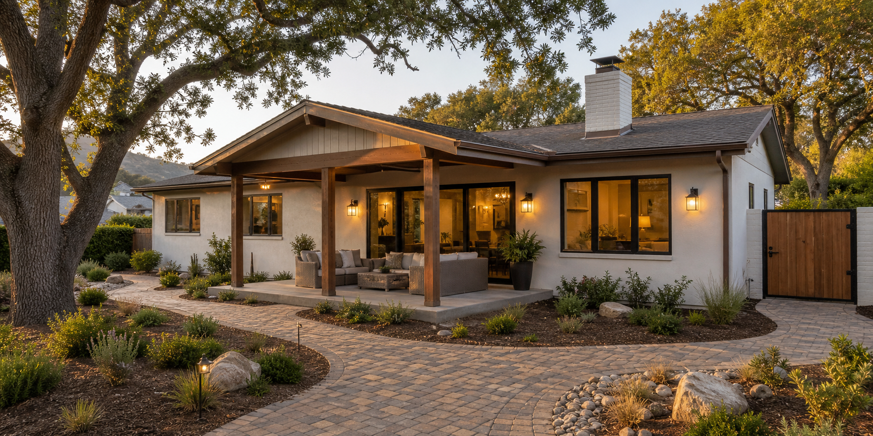 Wide exterior concept showing a refreshed Conejo Valley ranch patio, trim, lighting, gate, pavers, and oak-tree landscaping