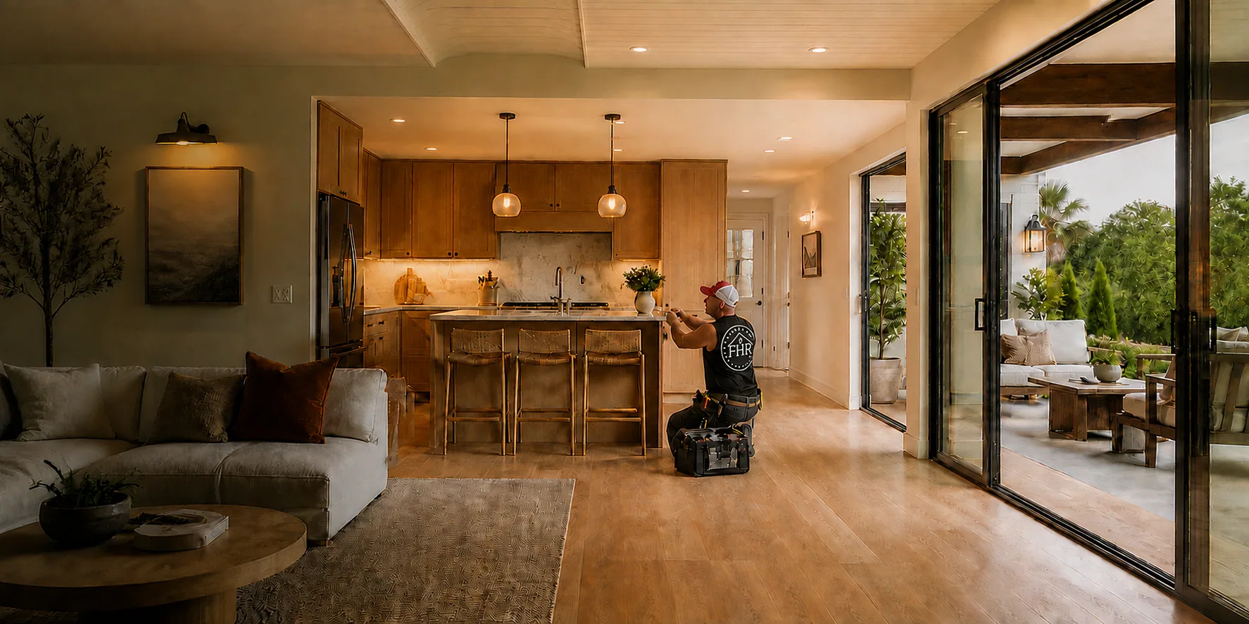 Planning concept of the Faithful Home Repair owner wearing a naturally branded work shirt with a white FHR logo while completing finish work in a renovated living, kitchen, and patio space
