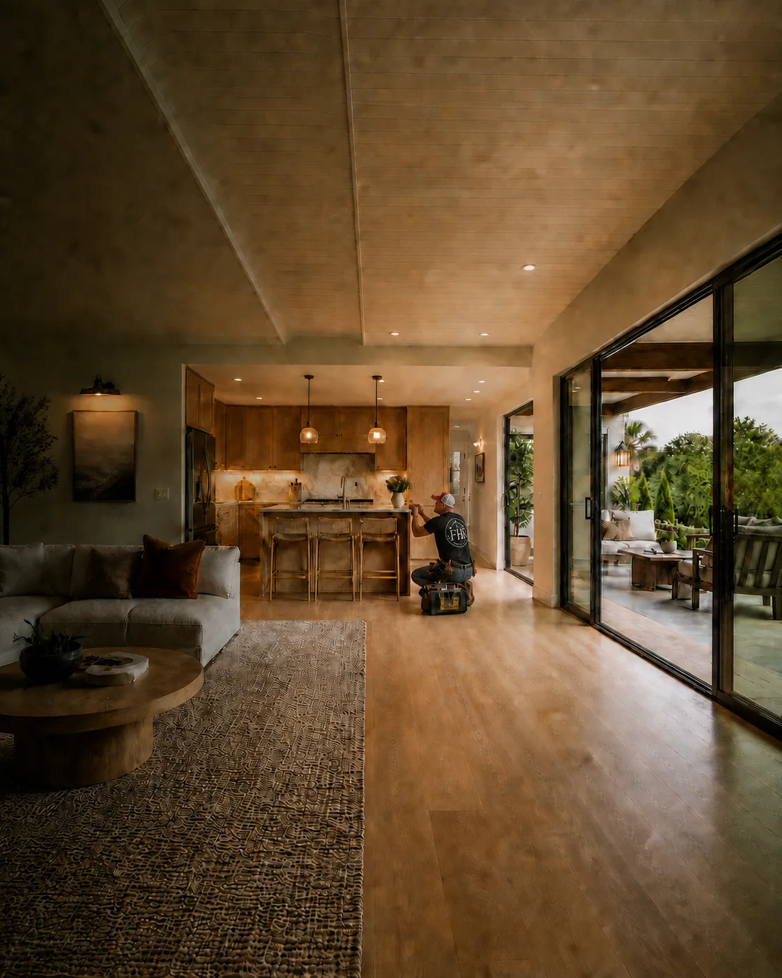 Mobile planning concept of the Faithful Home Repair owner wearing a proportionally branded work shirt with a white FHR logo while completing finish work across a connected living room, kitchen, and patio